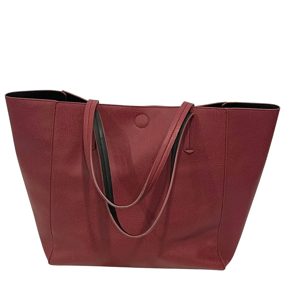 Reversible Faux Leather Tote Bag Women Burgundy Black‎ Everyday Carryall